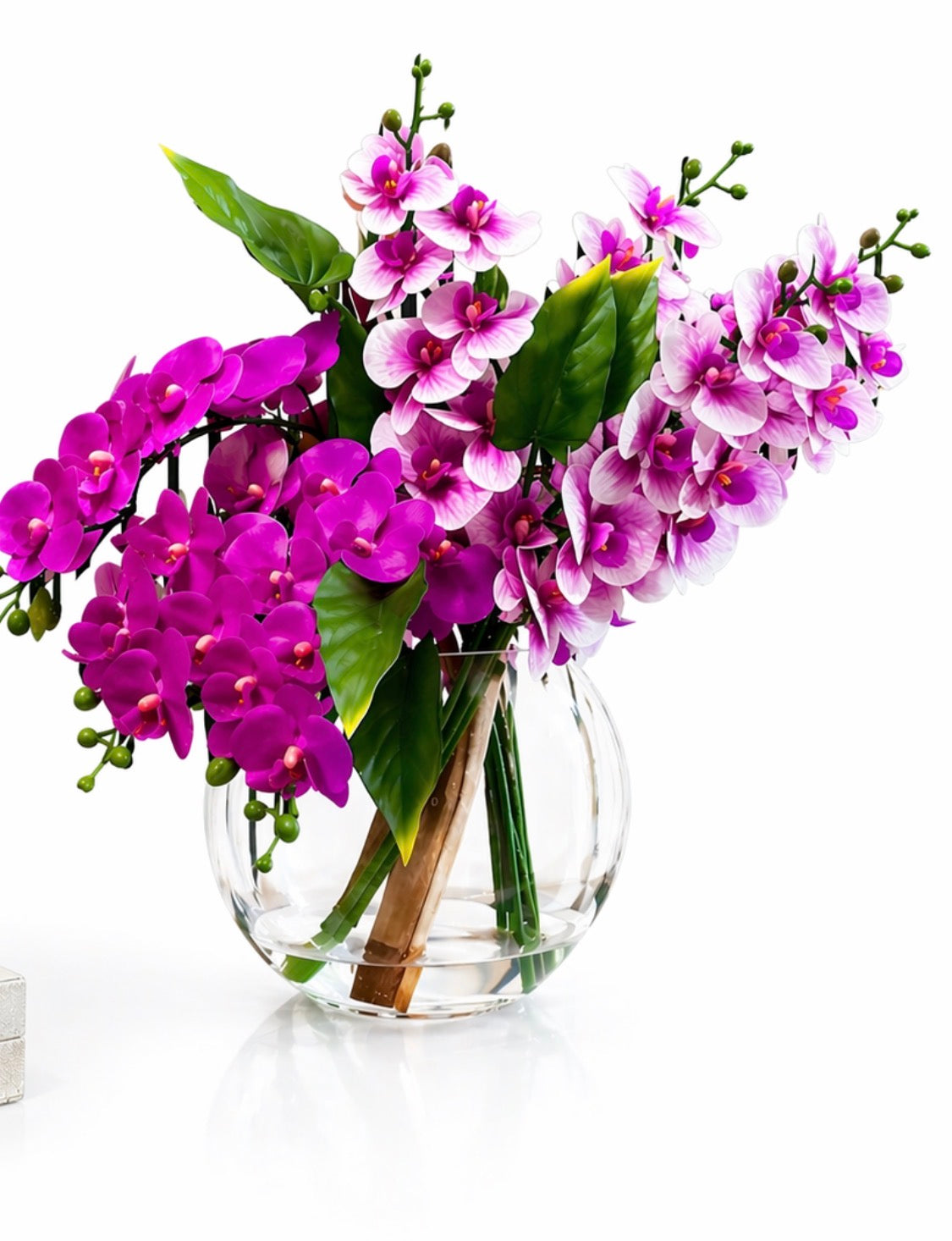Luxury Orchid Arrangement, Pink & Fuchsia Orchids in Glass Vase, Real Touch Artificial Flowers, Elegant Home Decor