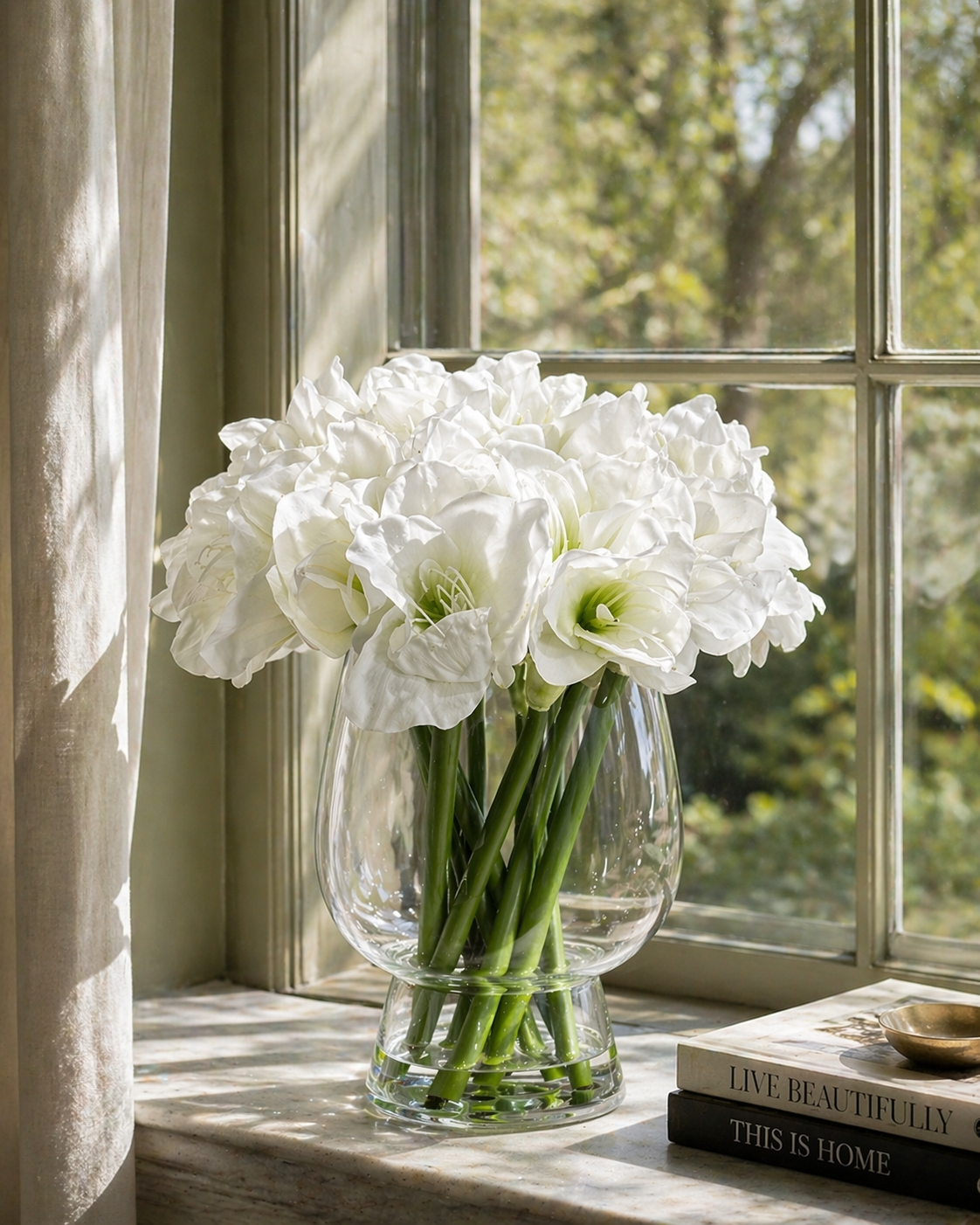 Luxury White Amaryllis Arrangement in Glass Vase – Elegant Home Decor, Real Touch Floral Centerpiece