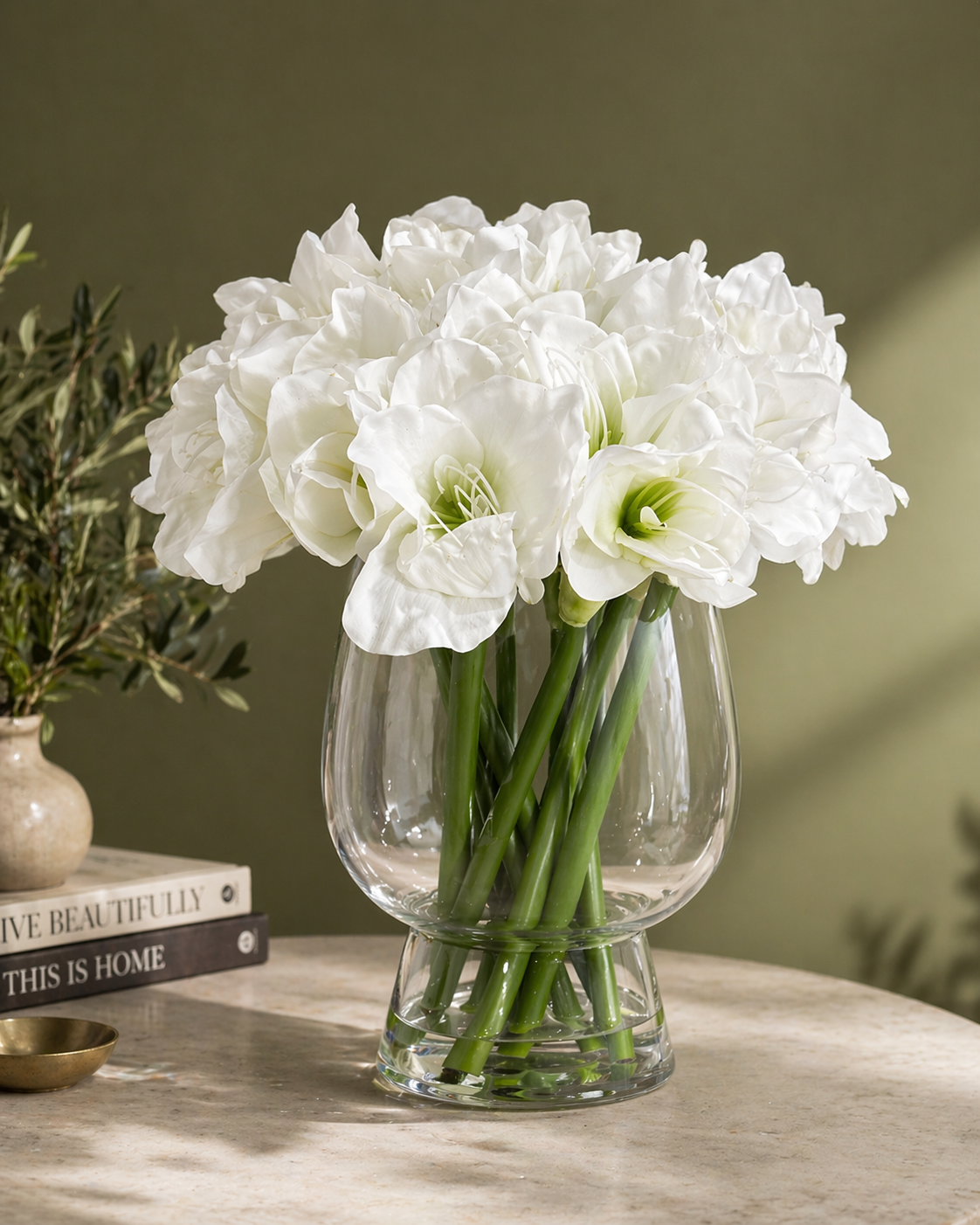 Luxury White Amaryllis Arrangement in Glass Vase – Elegant Home Decor, Real Touch Floral Centerpiece