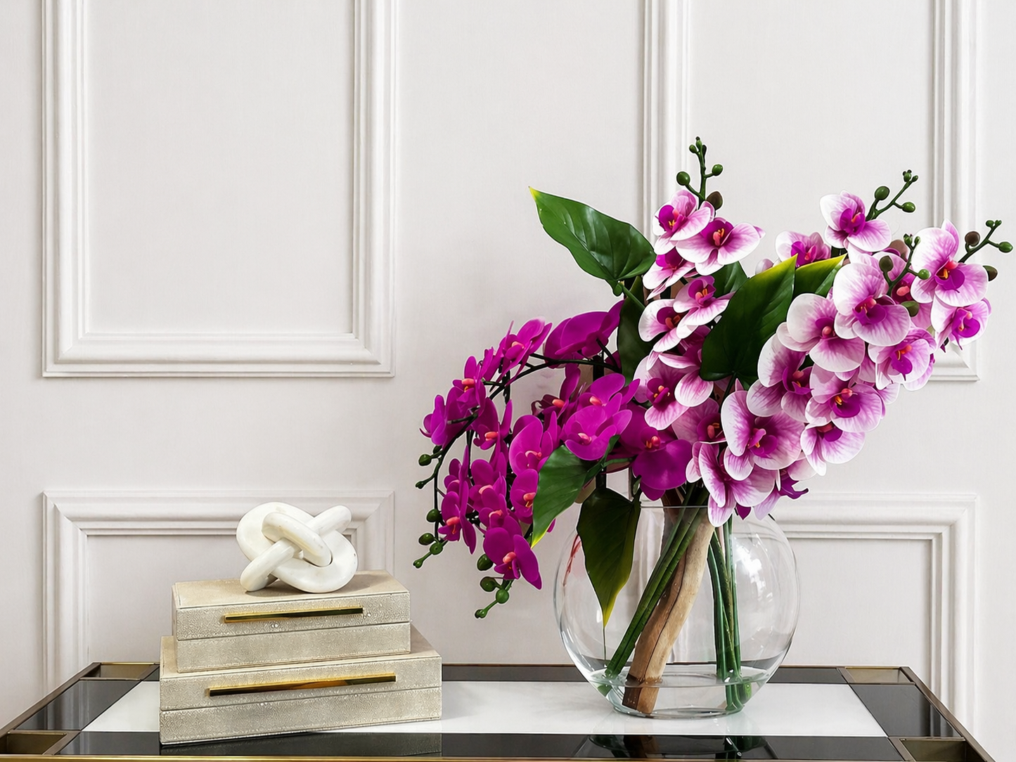 Luxury Orchid Arrangement, Pink & Fuchsia Orchids in Glass Vase, Real Touch Artificial Flowers, Elegant Home Decor