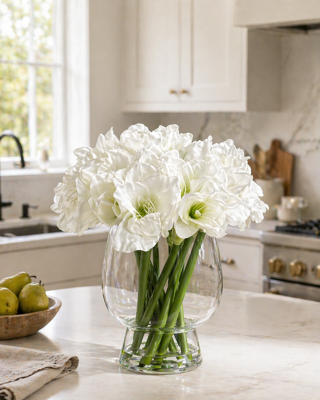 Luxury White Amaryllis Arrangement in Glass Vase – Elegant Home Decor, Real Touch Floral Centerpiece
