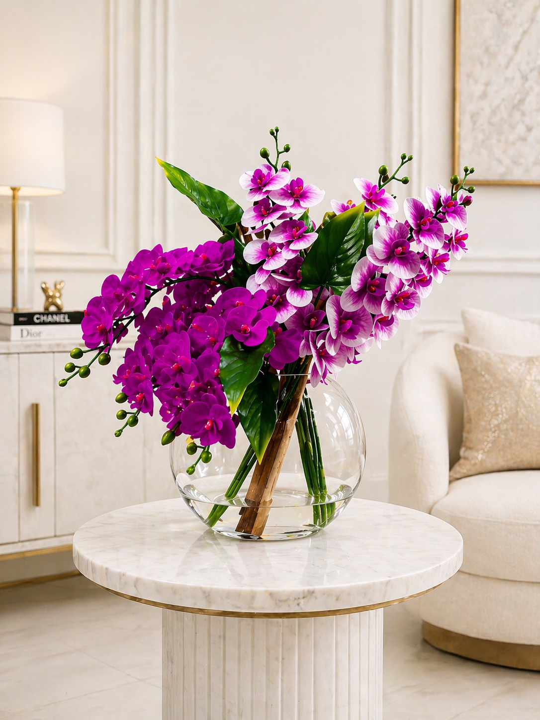 Luxury Orchid Arrangement, Pink & Fuchsia Orchids in Glass Vase, Real Touch Artificial Flowers, Elegant Home Decor