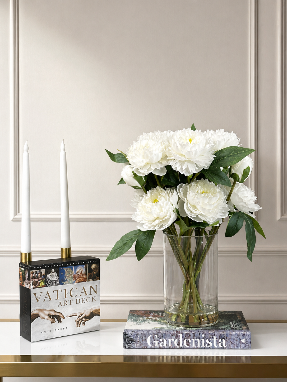 Luxury White Peony Arrangement, Artificial Flower Centerpiece in Glass Vase, Real Touch Floral Decor, Elegant Home Decor