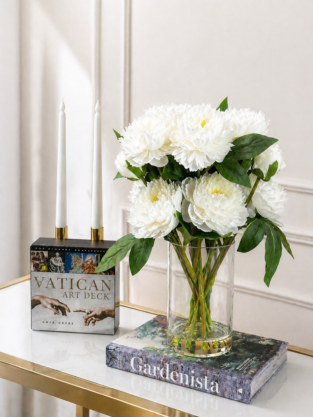 Luxury White Peony Arrangement, Artificial Flower Centerpiece in Glass Vase, Real Touch Floral Decor, Elegant Home Decor