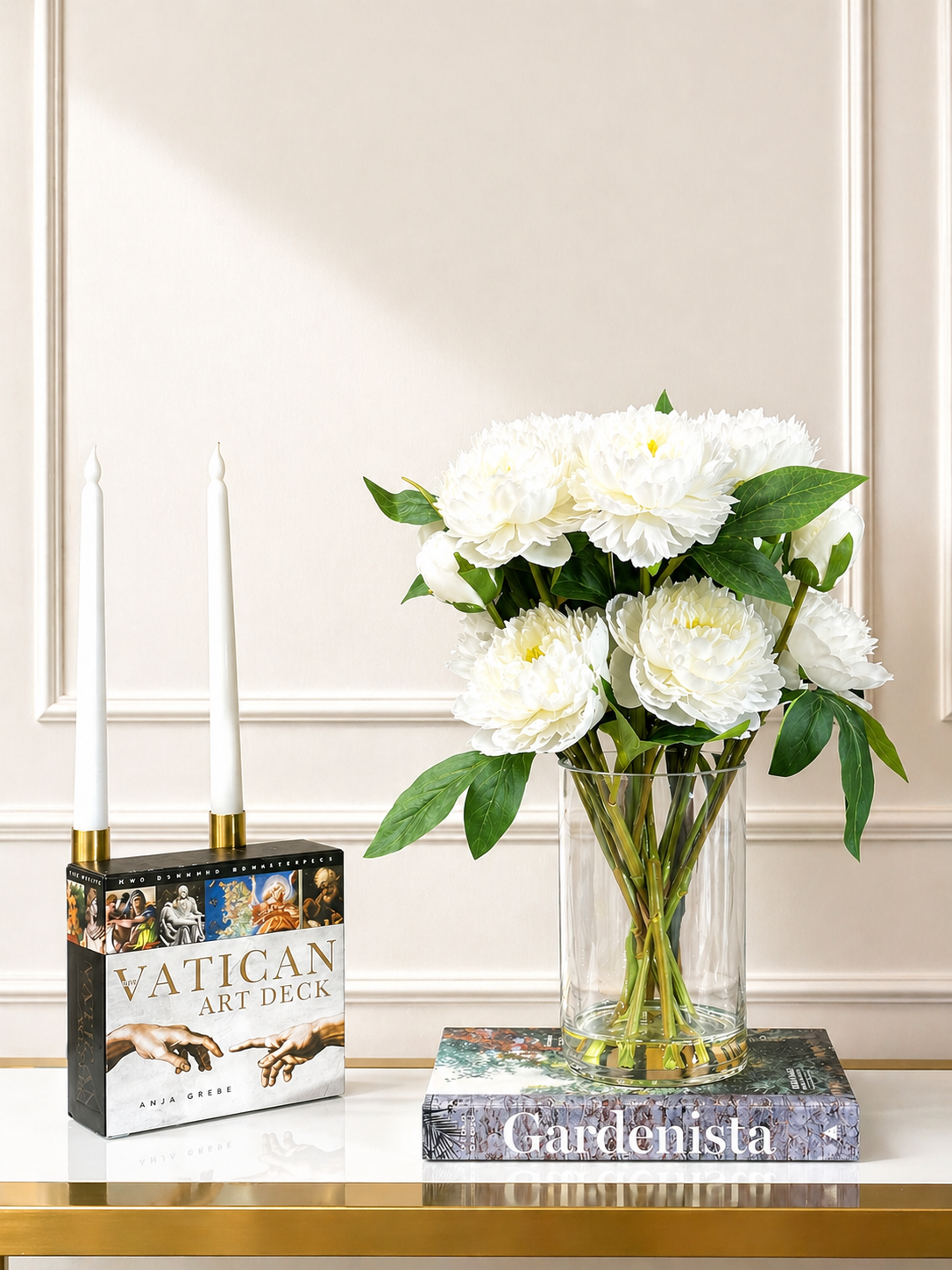 Luxury White Peony Arrangement, Artificial Flower Centerpiece in Glass Vase, Real Touch Floral Decor, Elegant Home Decor
